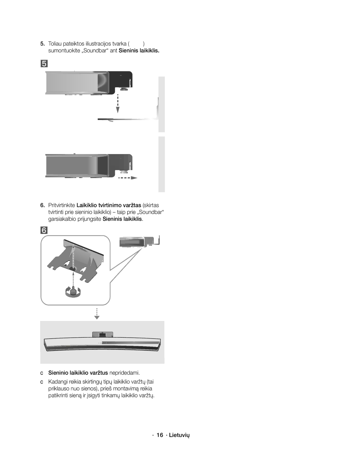 Samsung HW-J7500R/XN, HW-J7501R/EN, HW-J7500R/EN manual CSieninio laikiklio varžtus nepridedami, · 16 · Lietuvių 