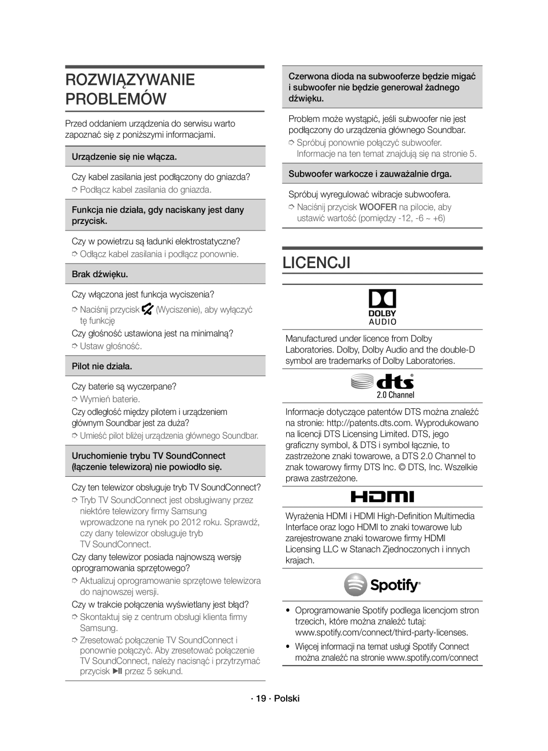 Samsung HW-J7500R/EN, HW-J7501R/EN, HW-J7500R/XN manual Rozwiązywanie Problemów, Licencji 