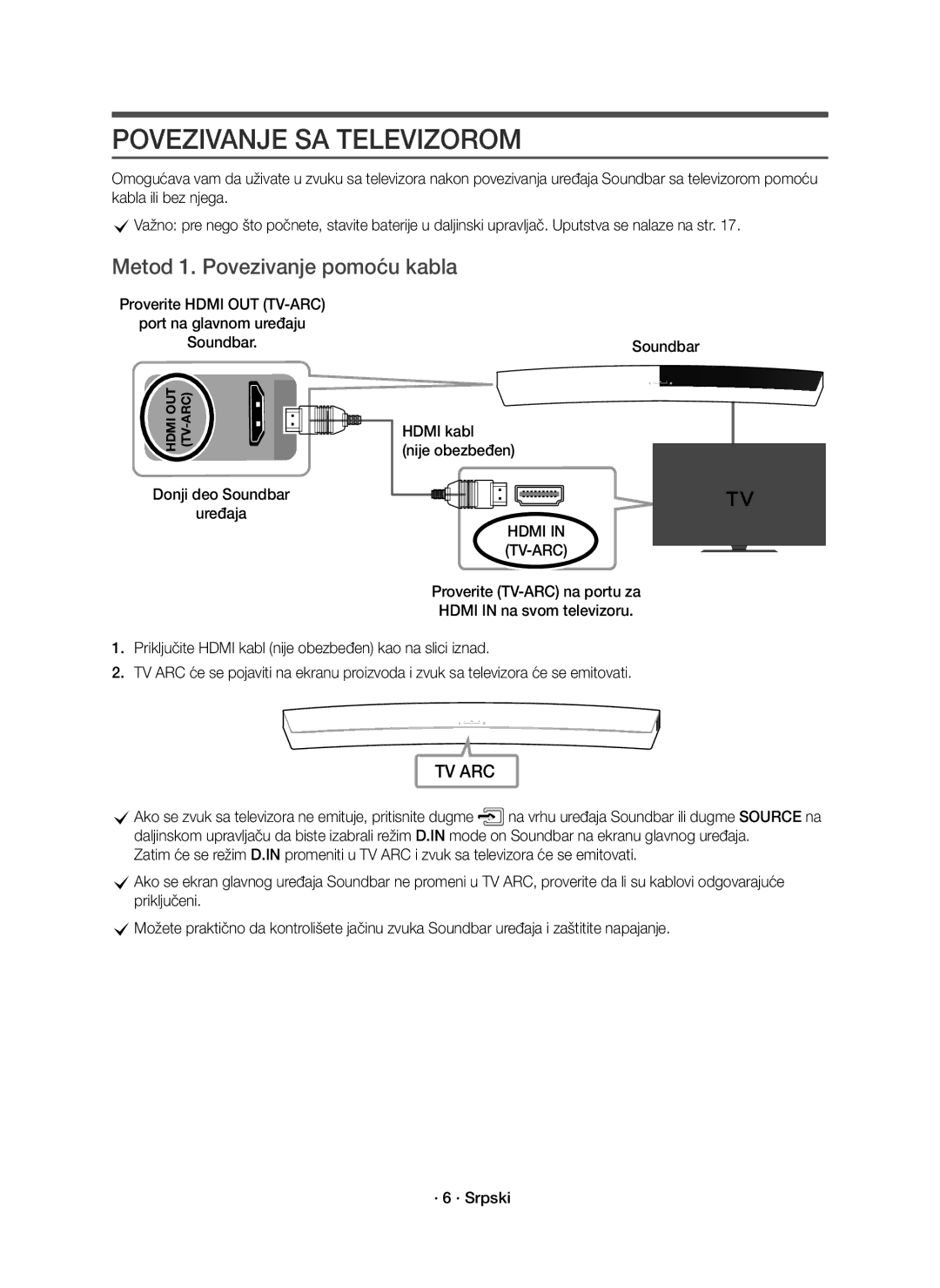 Samsung HW-J7500R/EN, HW-J7501R/EN, HW-J7500R/XN manual Povezivanje SA Televizorom, Metod 1. Povezivanje pomoću kabla 