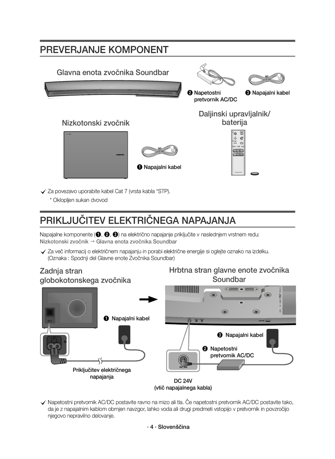 Samsung HW-J7501R/EN, HW-J7500R/EN, HW-J7500R/XN manual Preverjanje Komponent, Priključitev Električnega Napajanja 