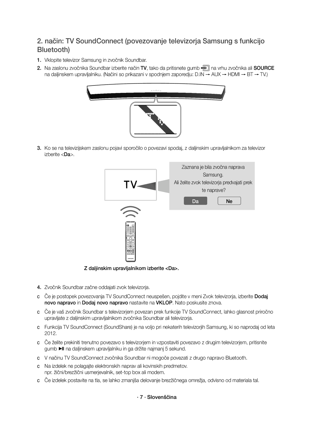 Samsung HW-J7501R/EN, HW-J7500R/EN, HW-J7500R/XN manual Vklopite televizor Samsung in zvočnik Soundbar 