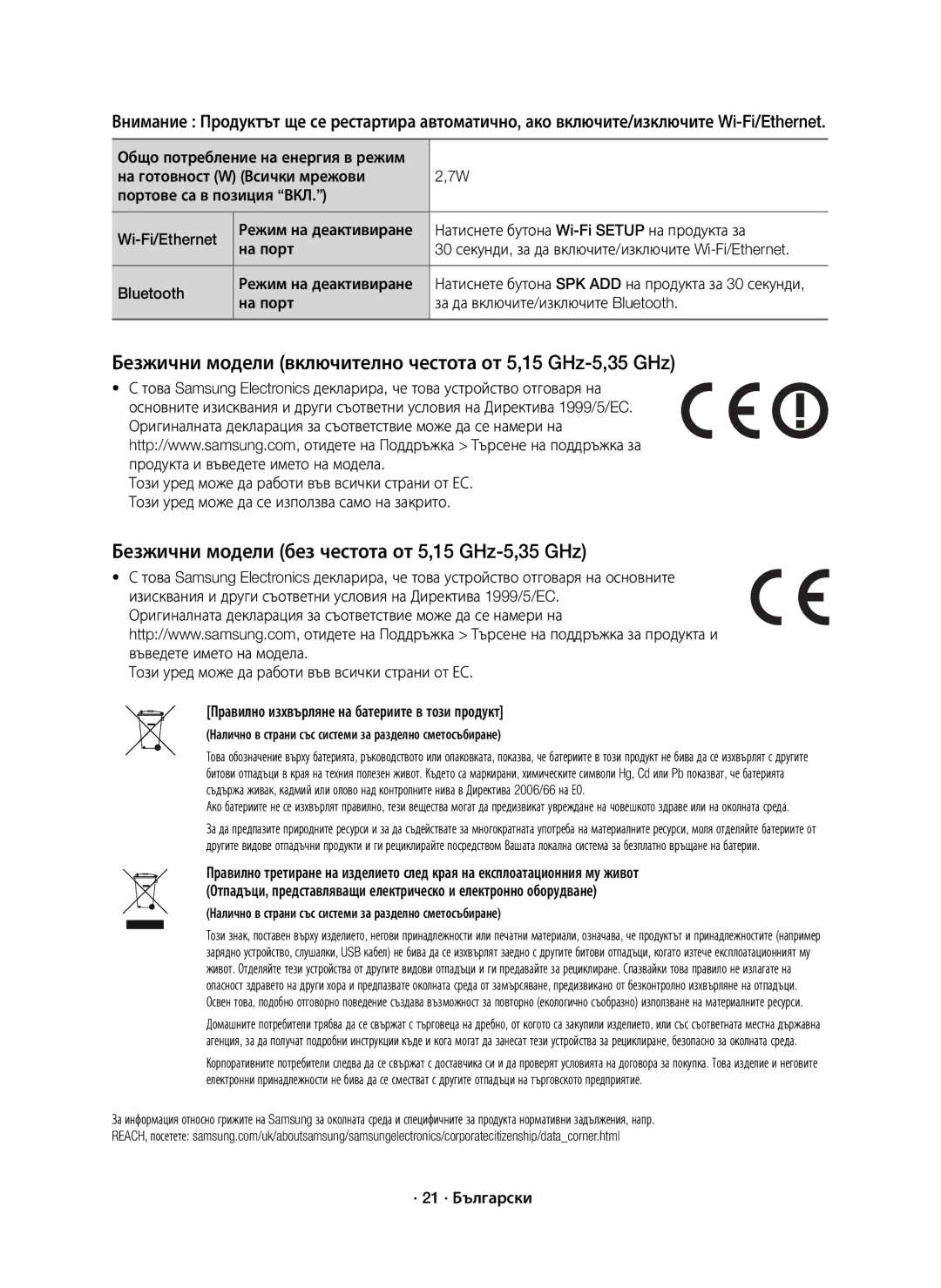 Samsung HW-J7500R/XN manual Безжични модели включително честота от 5,15 GHz-5,35 GHz, Bluetooth Режим на деактивиране 