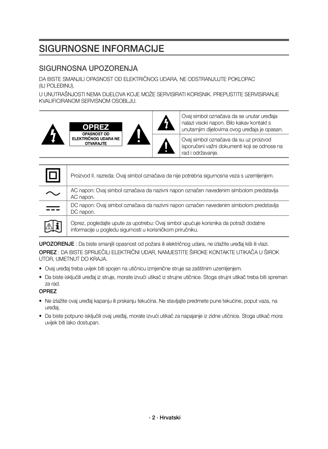 Samsung HW-J7501R/EN, HW-J7500R/EN, HW-J7500R/XN manual Sigurnosne Informacije, Oprez 