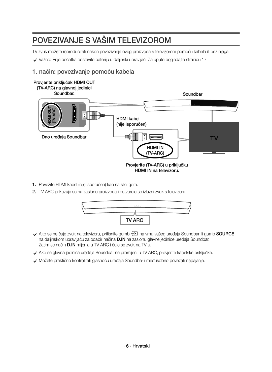 Samsung HW-J7500R/EN Povezivanje S Vašim Televizorom, Način povezivanje pomoću kabela, Provjerite priključak Hdmi OUT 