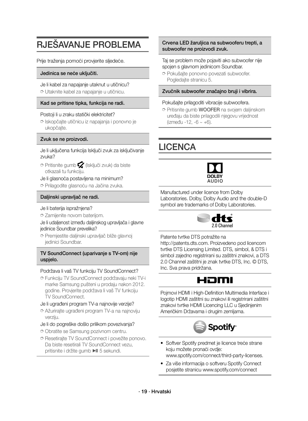 Samsung HW-J7500R/XN, HW-J7501R/EN, HW-J7500R/EN manual Rješavanje Problema, Licenca 