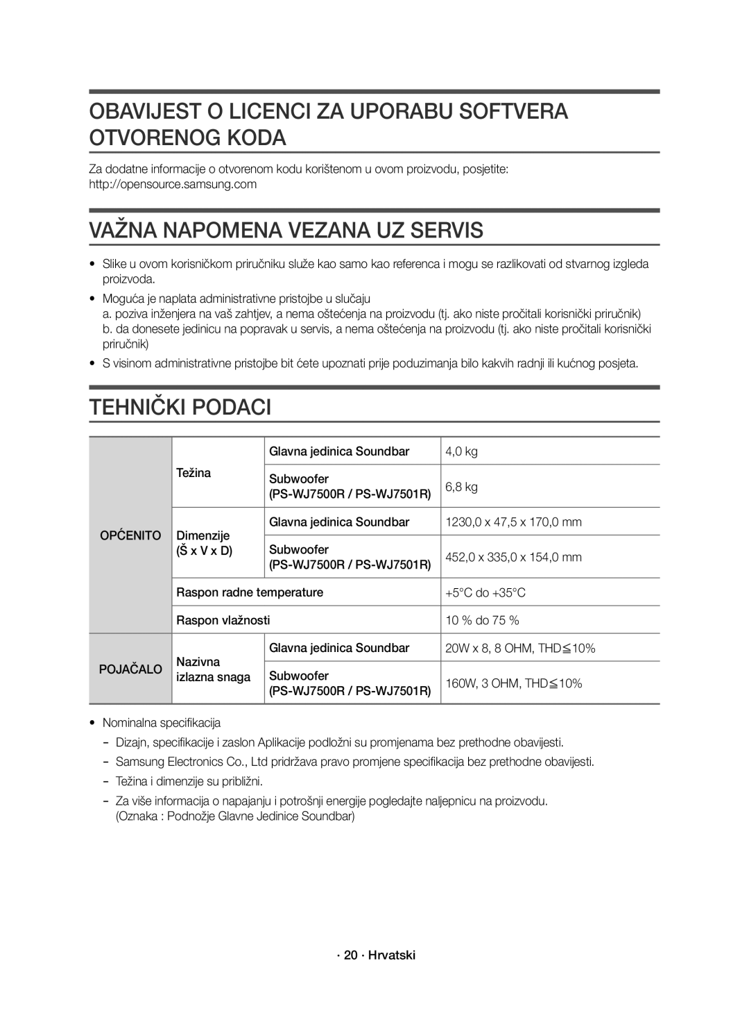 Samsung HW-J7501R/EN Obavijest O Licenci ZA Uporabu Softvera Otvorenog Koda, Važna Napomena Vezana UZ Servis, Općenito 