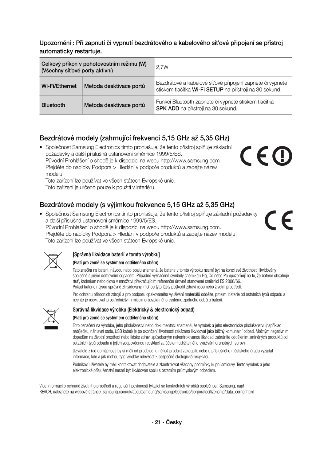 Samsung HW-J7501R/EN, HW-J7500R/EN, HW-J7500R/XN Bezdrátové modely zahrnující frekvenci 5,15 GHz až 5,35 GHz, · 21 · Česky 