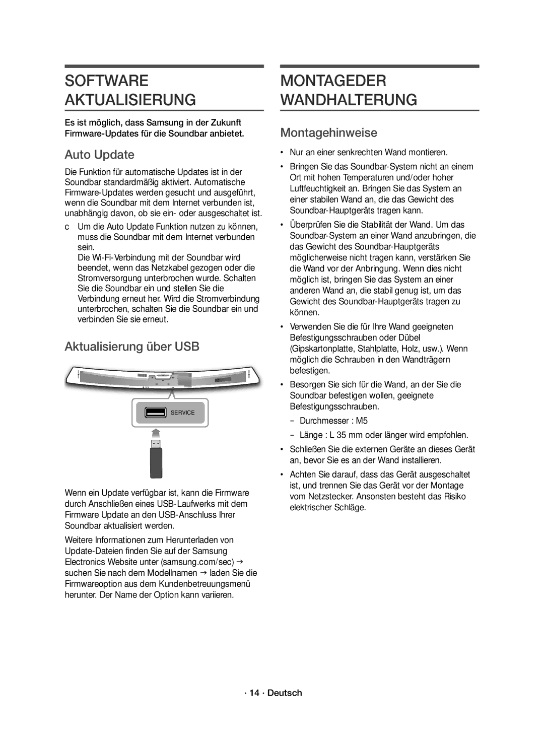 Samsung HW-J7500R/EN manual Software Aktualisierung, Montageder Wandhalterung, Aktualisierung über USB, Montagehinweise 