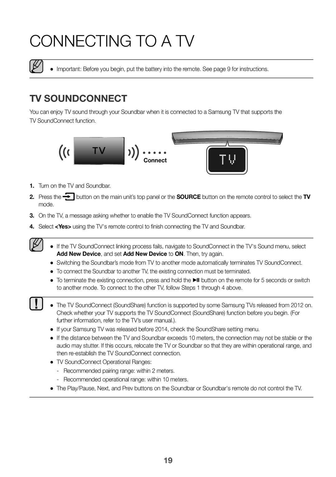 Samsung HW-J7511R/XE, HW-J7501R/EN, HW-J7500R/EN Connecting to a TV, TV Soundconnect, Turn on the TV and Soundbar Press 