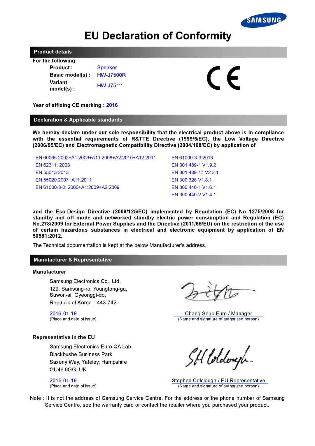 Samsung HW-J7500R/EN manual EU Declaration of Conformity, Product details, Declaration & Applicable standards 