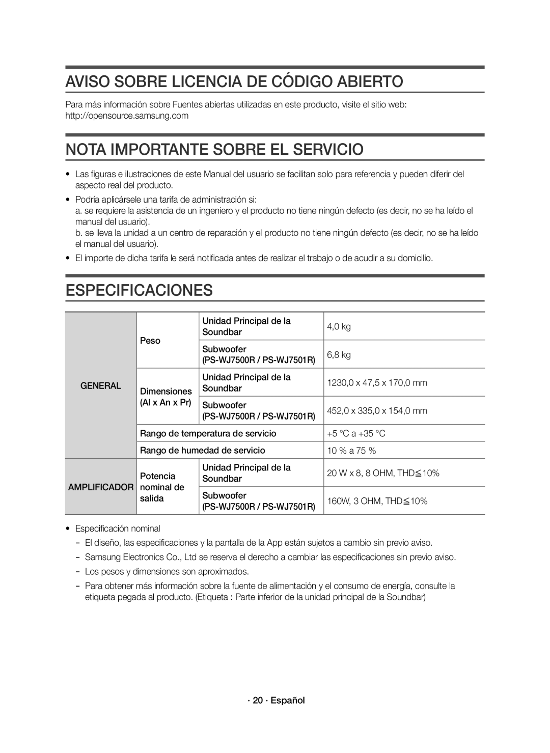 Samsung HW-J7501R/EN manual Aviso Sobre Licencia DE Código Abierto, Nota Importante Sobre EL Servicio, Especificaciones 