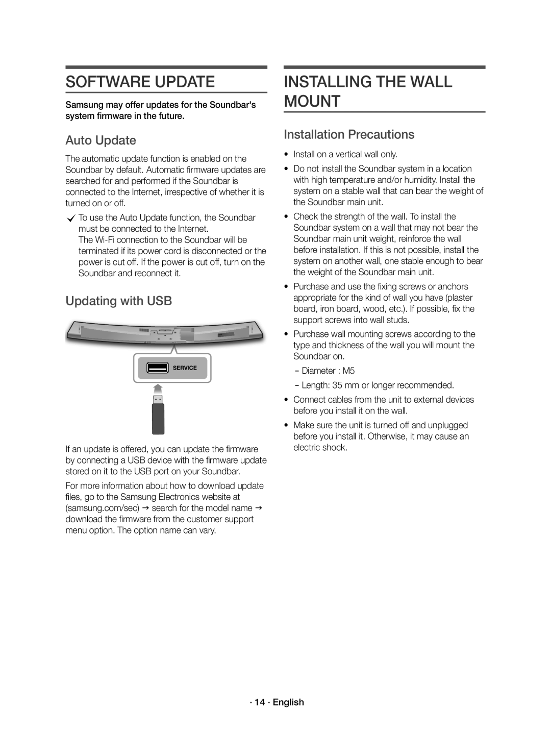 Samsung HW-J7501R/ZF Software Update, Installing the Wall Mount, Auto Update, Updating with USB, Installation Precautions 