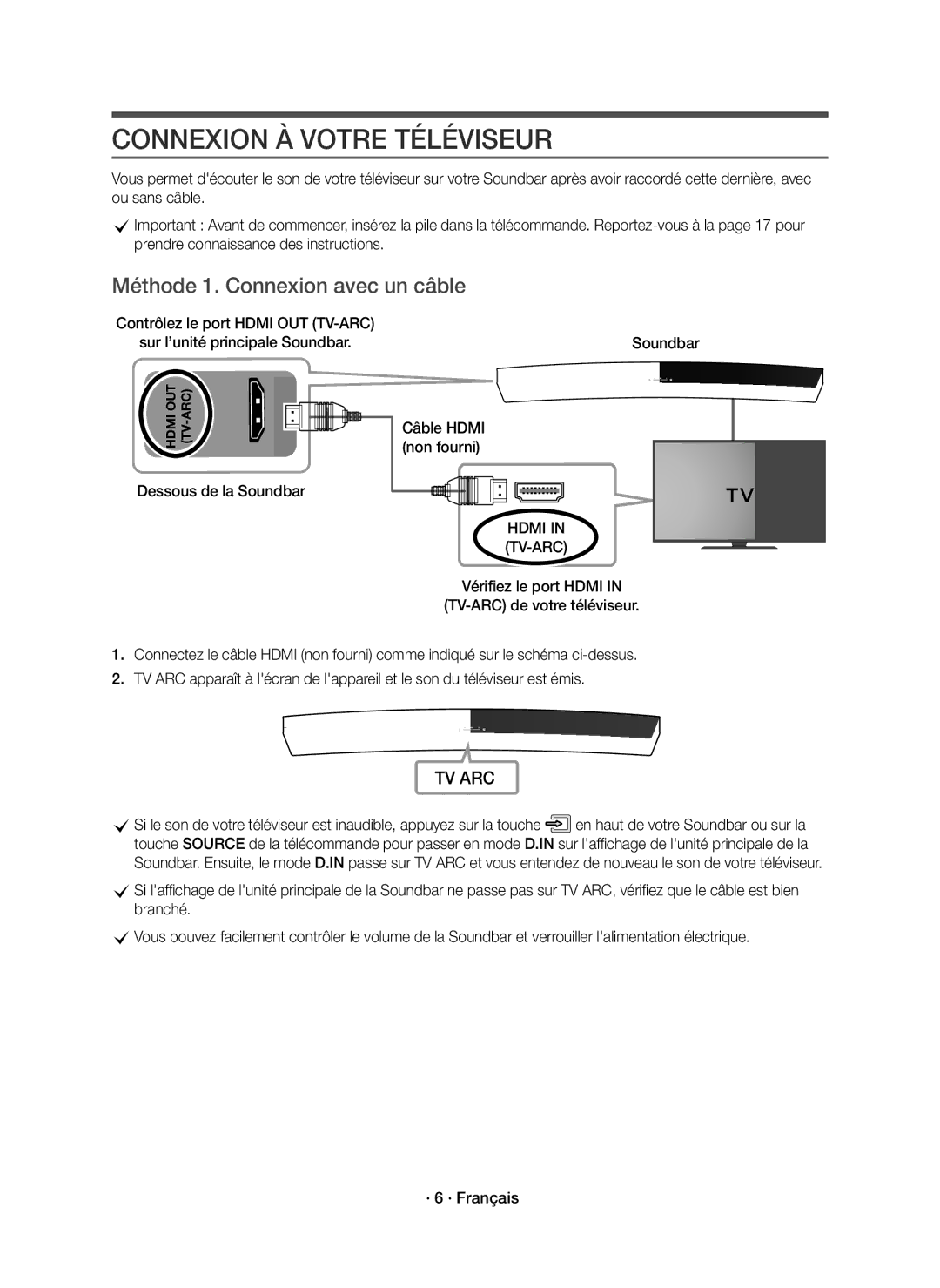 Samsung HW-J7501R/ZF, HW-J7501R/EN, HW-J7500R/EN manual Connexion À Votre Téléviseur, Méthode 1. Connexion avec un câble 