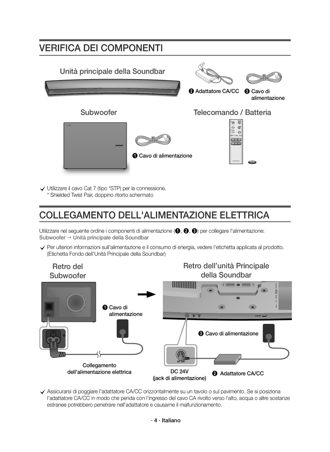 Samsung HW-J7501R/EN, HW-J7500R/EN, HW-J7501R/ZF manual Verifica DEI Componenti, Collegamento Dellalimentazione Elettrica 