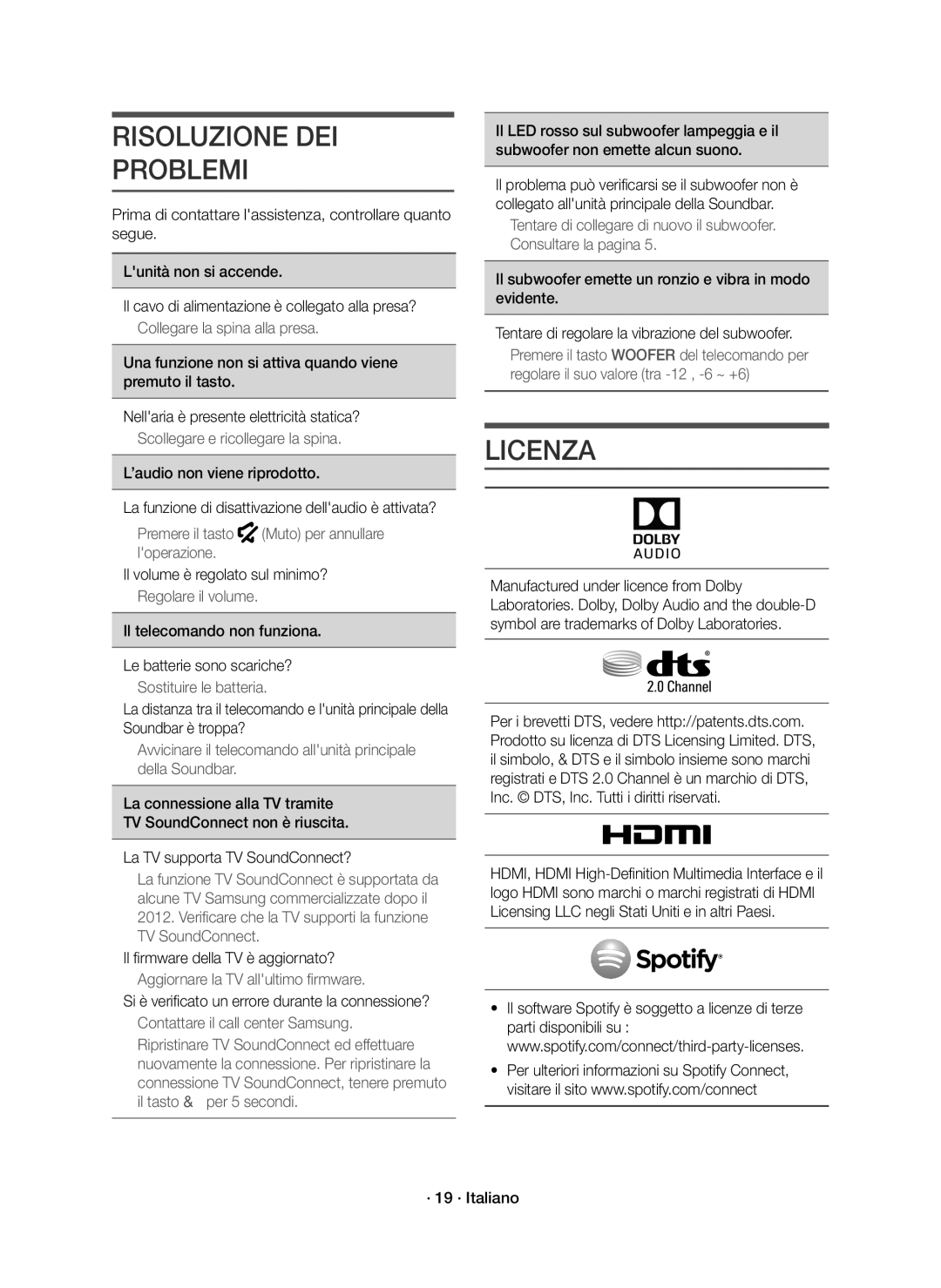 Samsung HW-J7500R/ZF, HW-J7501R/EN, HW-J7500R/EN, HW-J7501R/ZF manual Risoluzione DEI Problemi, Licenza 