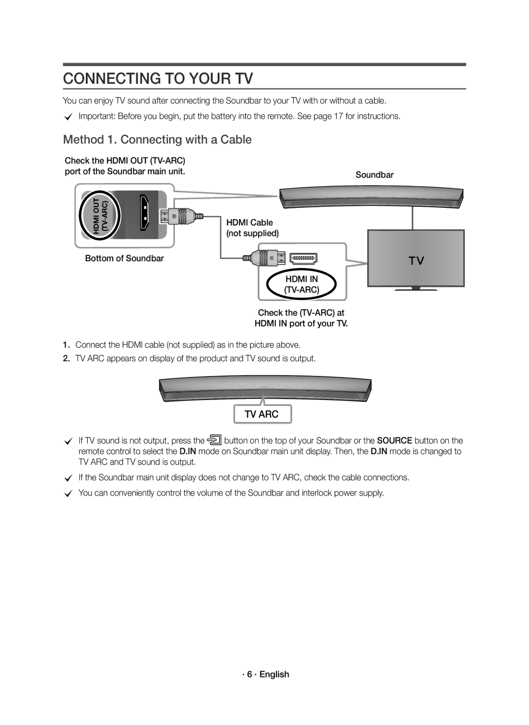 Samsung HW-J7501R/ZF Connecting to Your TV, Method 1. Connecting with a Cable, Bottom of Soundbar Hdmi Cable not supplied 