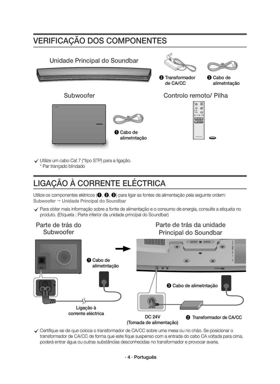 Samsung HW-J7501R/EN, HW-J7500R/EN, HW-J7501R/ZF, HW-J7500R/ZF Verificação DOS Componentes, Ligação À Corrente Eléctrica 