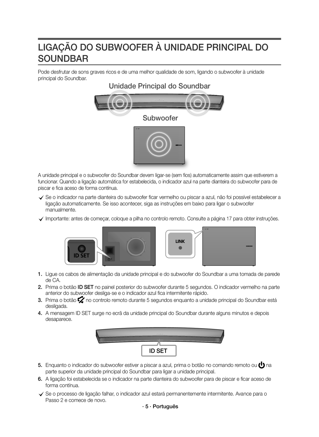 Samsung HW-J7500R/EN manual Ligação do Subwoofer À Unidade Principal do Soundbar, Unidade Principal do Soundbar Subwoofer 