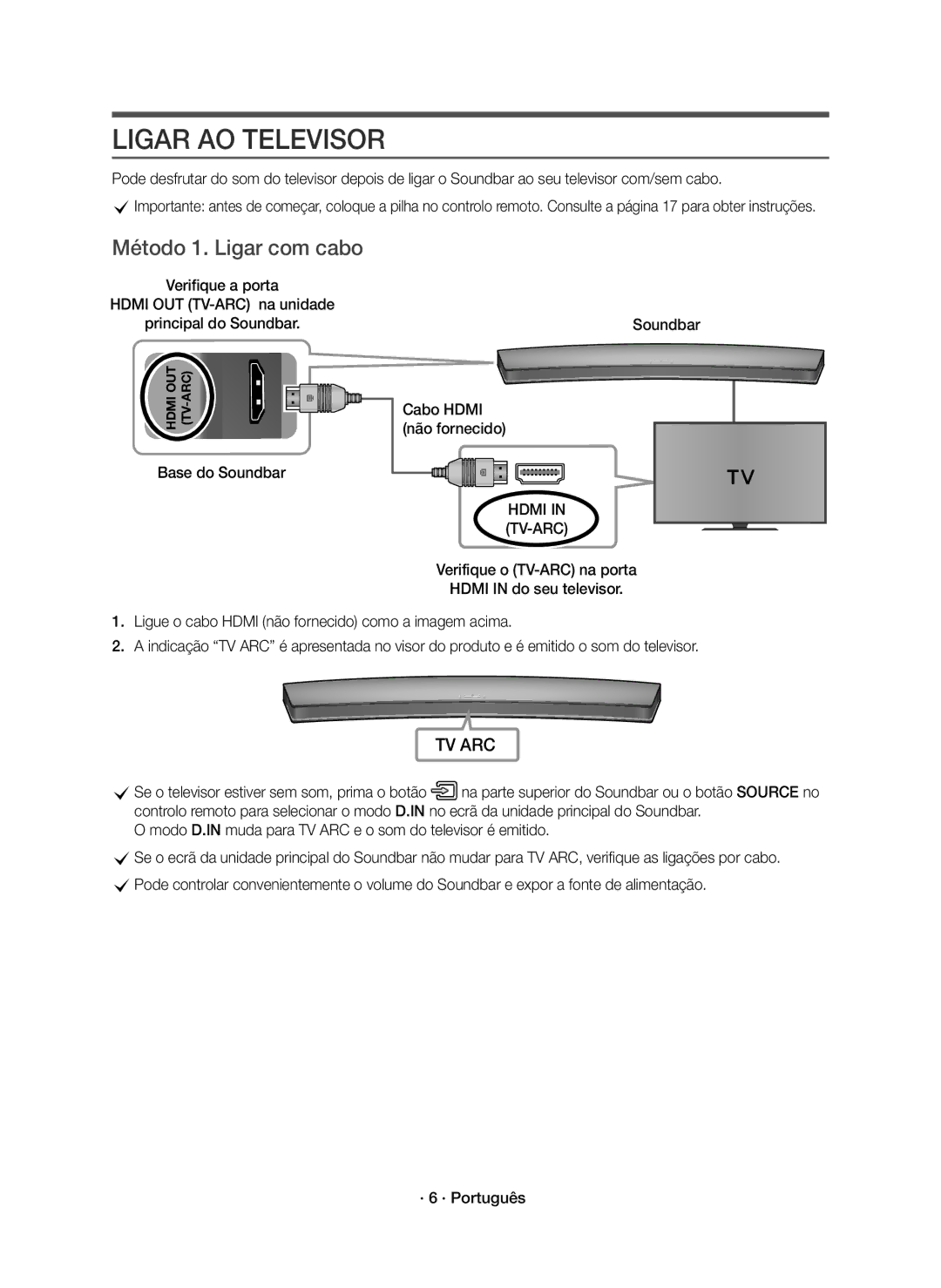 Samsung HW-J7501R/ZF, HW-J7501R/EN Ligar AO Televisor, Método 1. Ligar com cabo, Base do Soundbar Cabo Hdmi não fornecido 