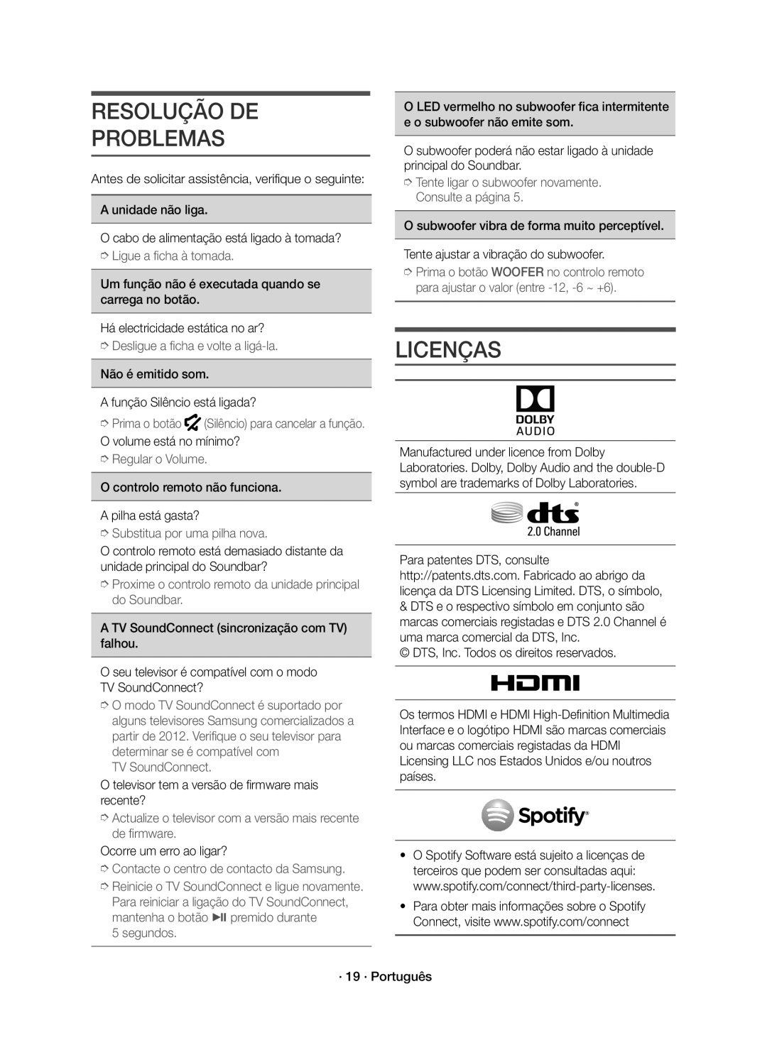 Samsung HW-J7500R/ZF, HW-J7501R/EN, HW-J7500R/EN, HW-J7501R/ZF manual Resolução DE Problemas, Licenças 