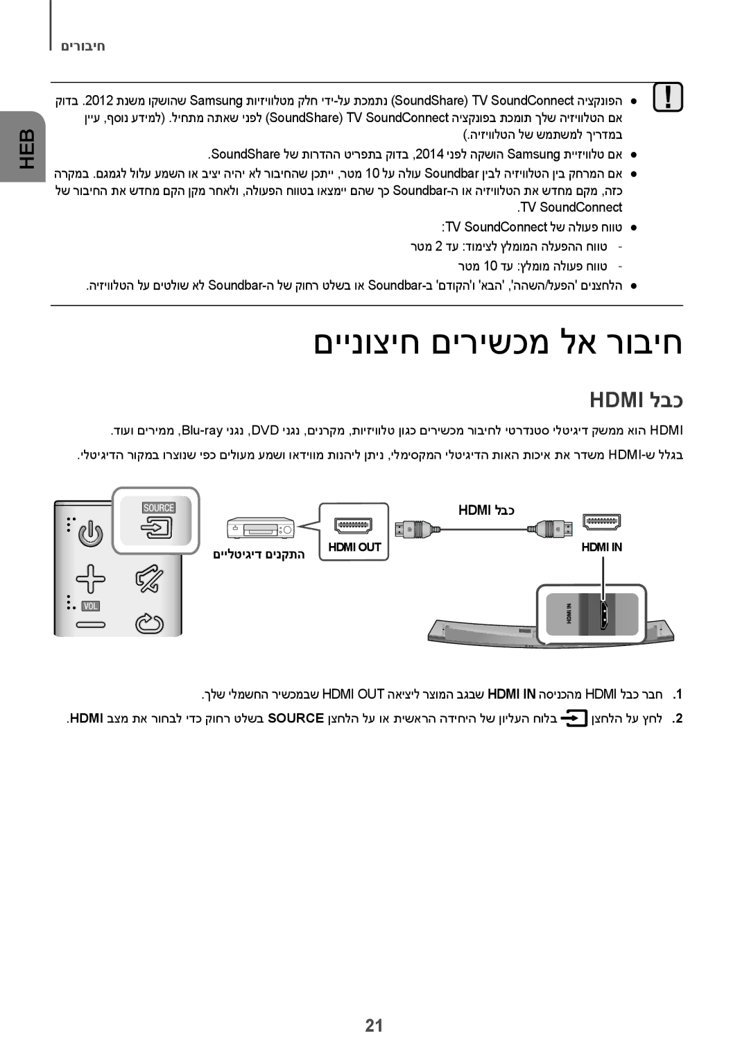 Samsung HW-J7501R/SQ manual םיינוציח םירישכמ לא רוביח, Hdmi לבכ, TV SoundConnect TV SoundConnect לש הלועפ חווט 