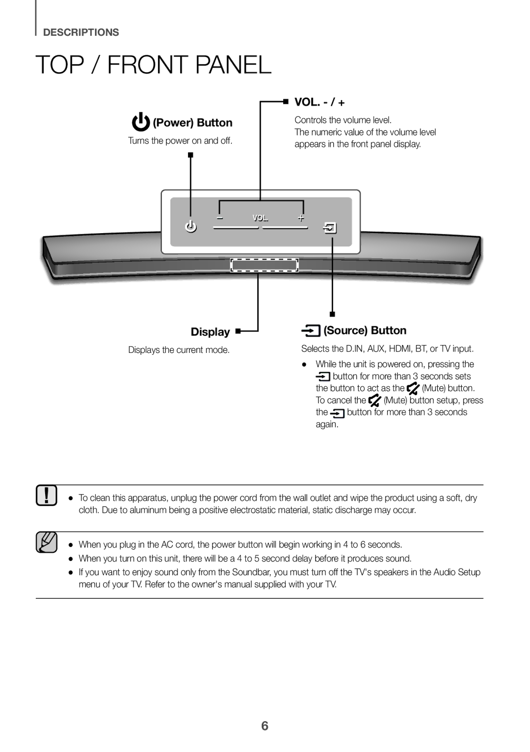 Samsung HW-J7501R/SQ TOP / Front Panel, Turns the power on and off, Controls the volume level, Displays the current mode 