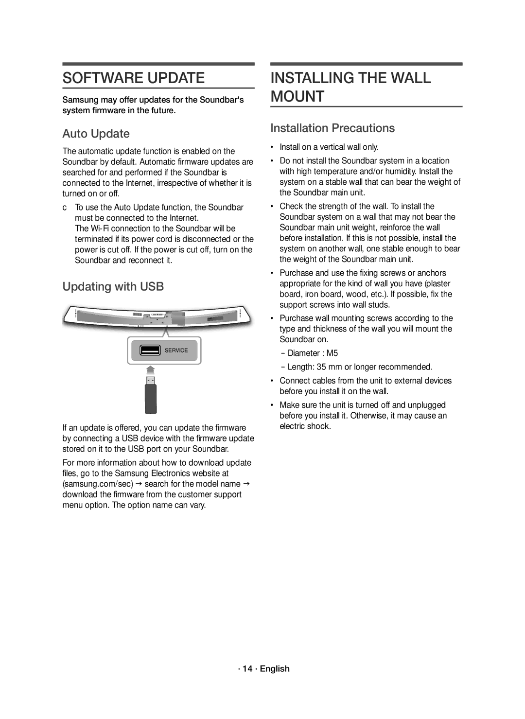 Samsung HW-J7501R/SQ Software Update, Installing the Wall Mount, Auto Update, Updating with USB, Installation Precautions 