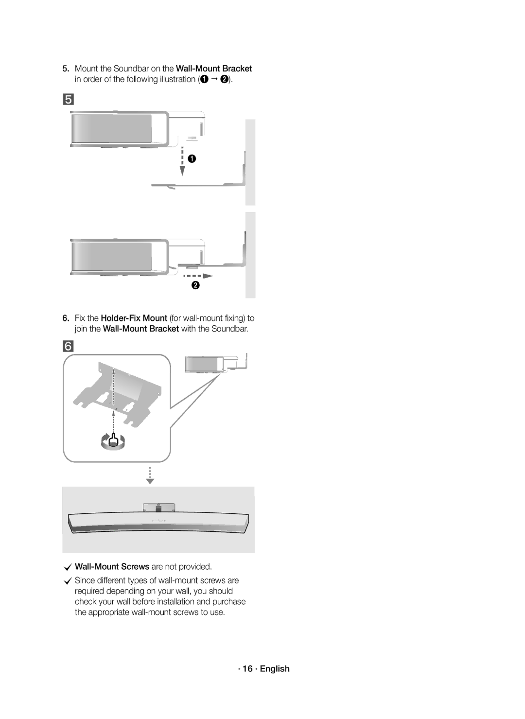 Samsung HW-J7501R/SQ manual CWall-Mount Screws are not provided, · 16 · English 