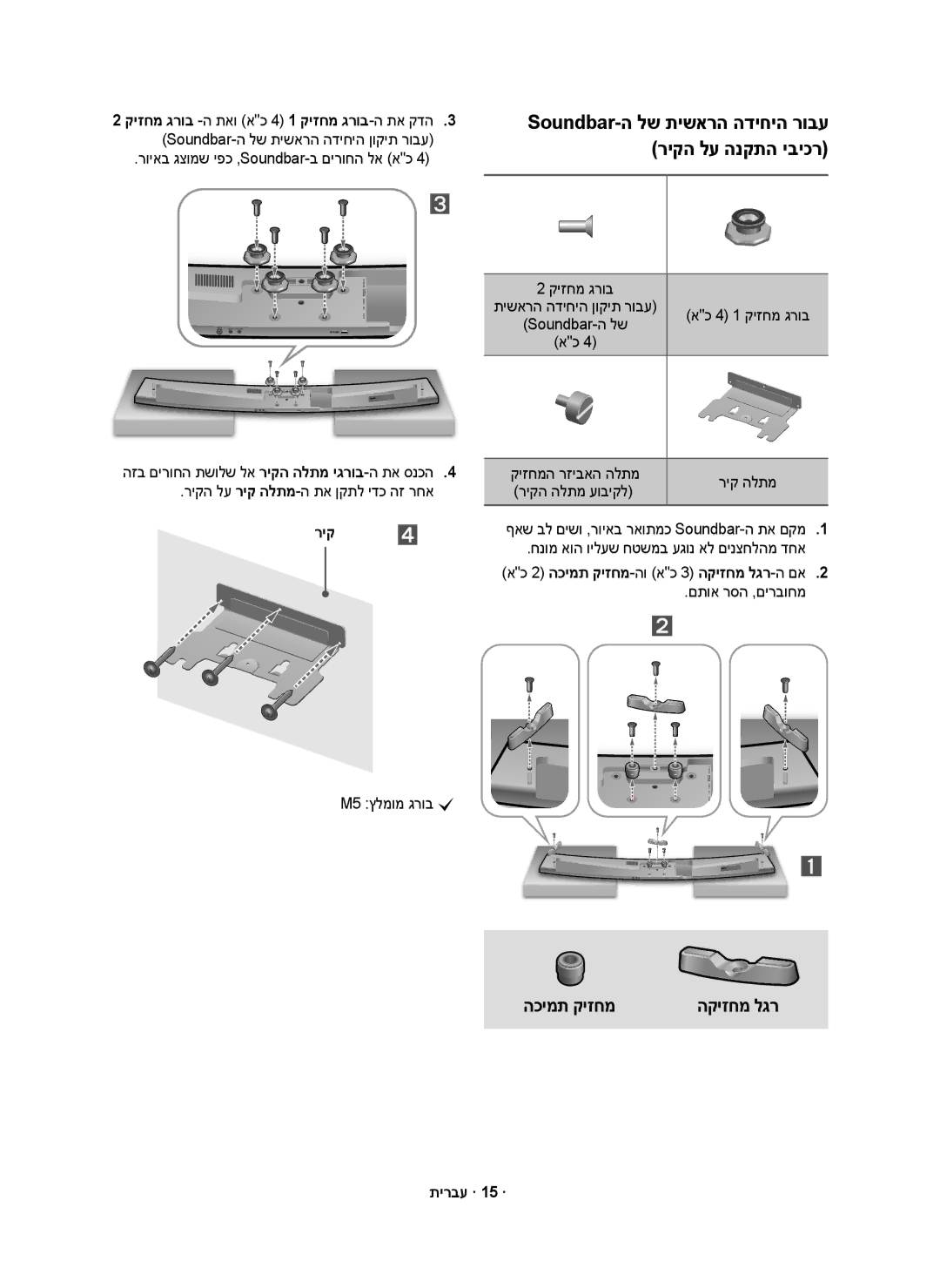 Samsung HW-J7501R/SQ manual רויאב גצומש יפכ ,Soundbar-ב םירוחה לא אכ, ריק ⃞, M5 ץלמומ גרוב c, Soundbar-ה לש, תירבע · 15 · 