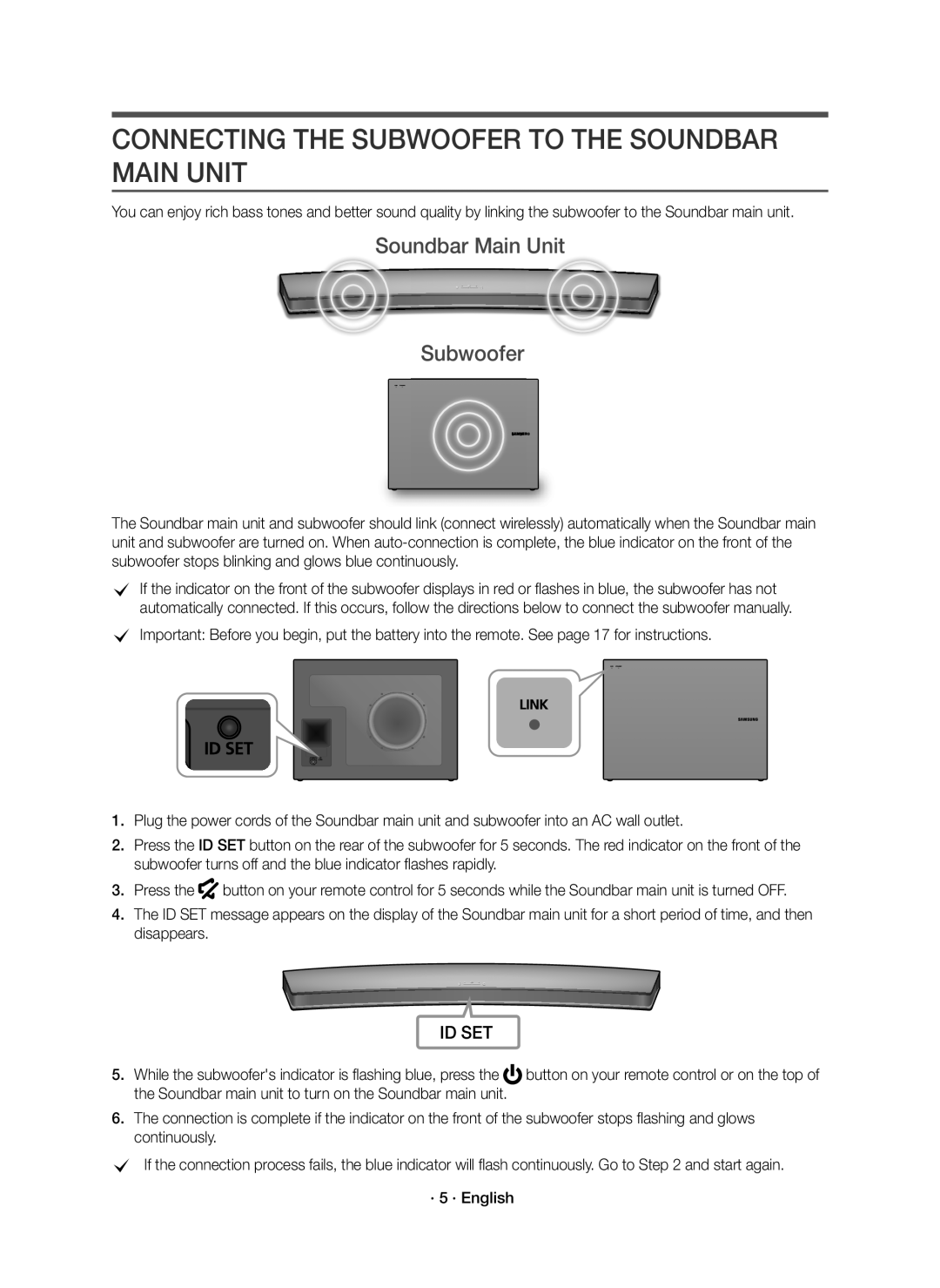 Samsung HW-J7501R/SQ manual Connecting the Subwoofer to the Soundbar Main Unit, Soundbar Main Unit Subwoofer 