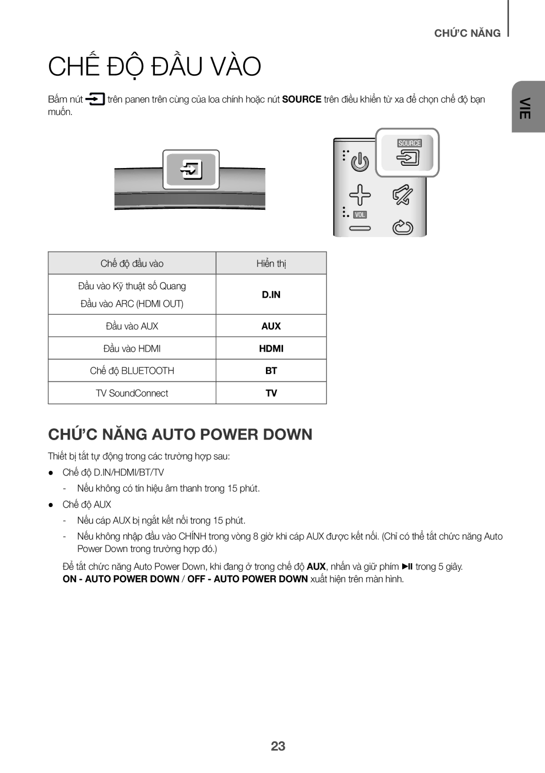 Samsung HW-J7501R/XV manual Chế Độ Đầu Vào, Chức Năng Auto Power Down 