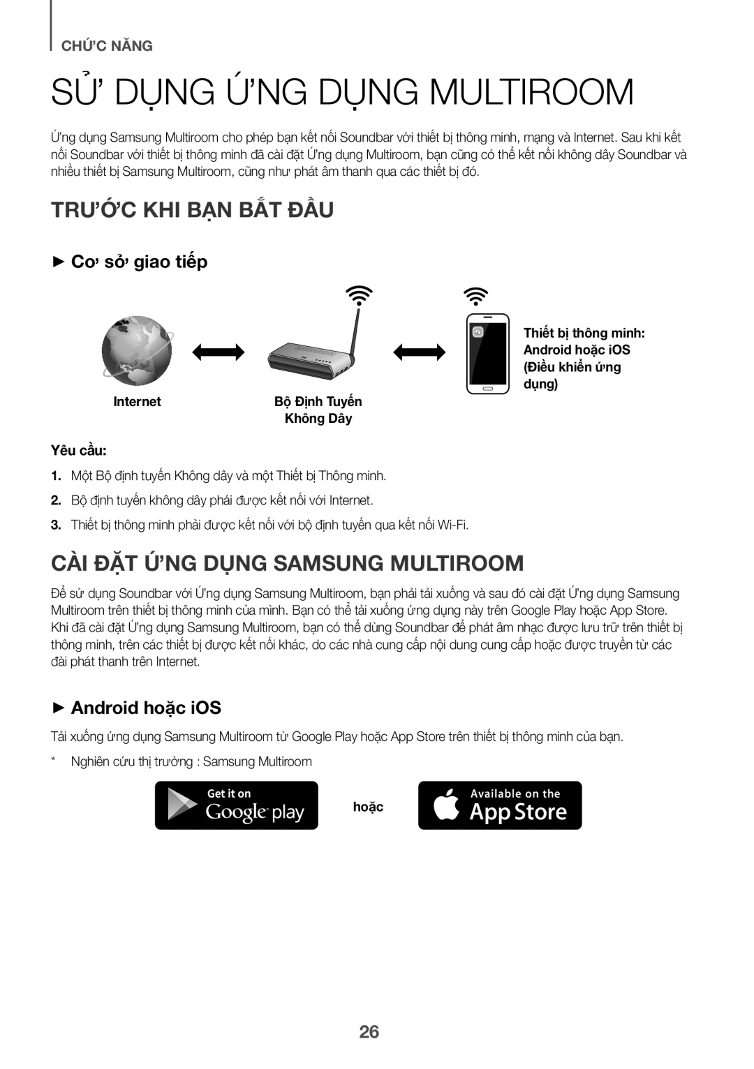 Samsung HW-J7501R/XV manual SỬ DỤ̣NG ỨNG DỤ̣NG Multiroom, Trước Khi Ban Bắt Đầu, CÀI ĐẶT ỨNG DỤNG Samsung Multiroom 