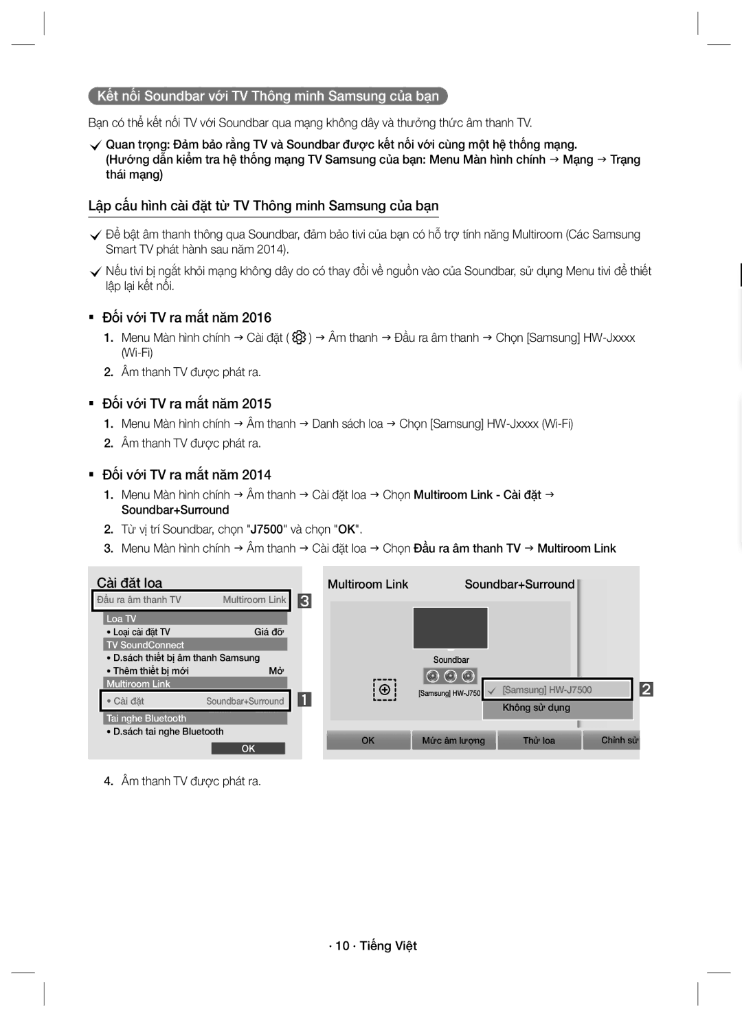 Samsung HW-J7501R/XV manual Kết nối Soundbar với TV Thông minh Samsung của bạn, Âm thanh TV được phát ra · 10 · Tiếng Việt 