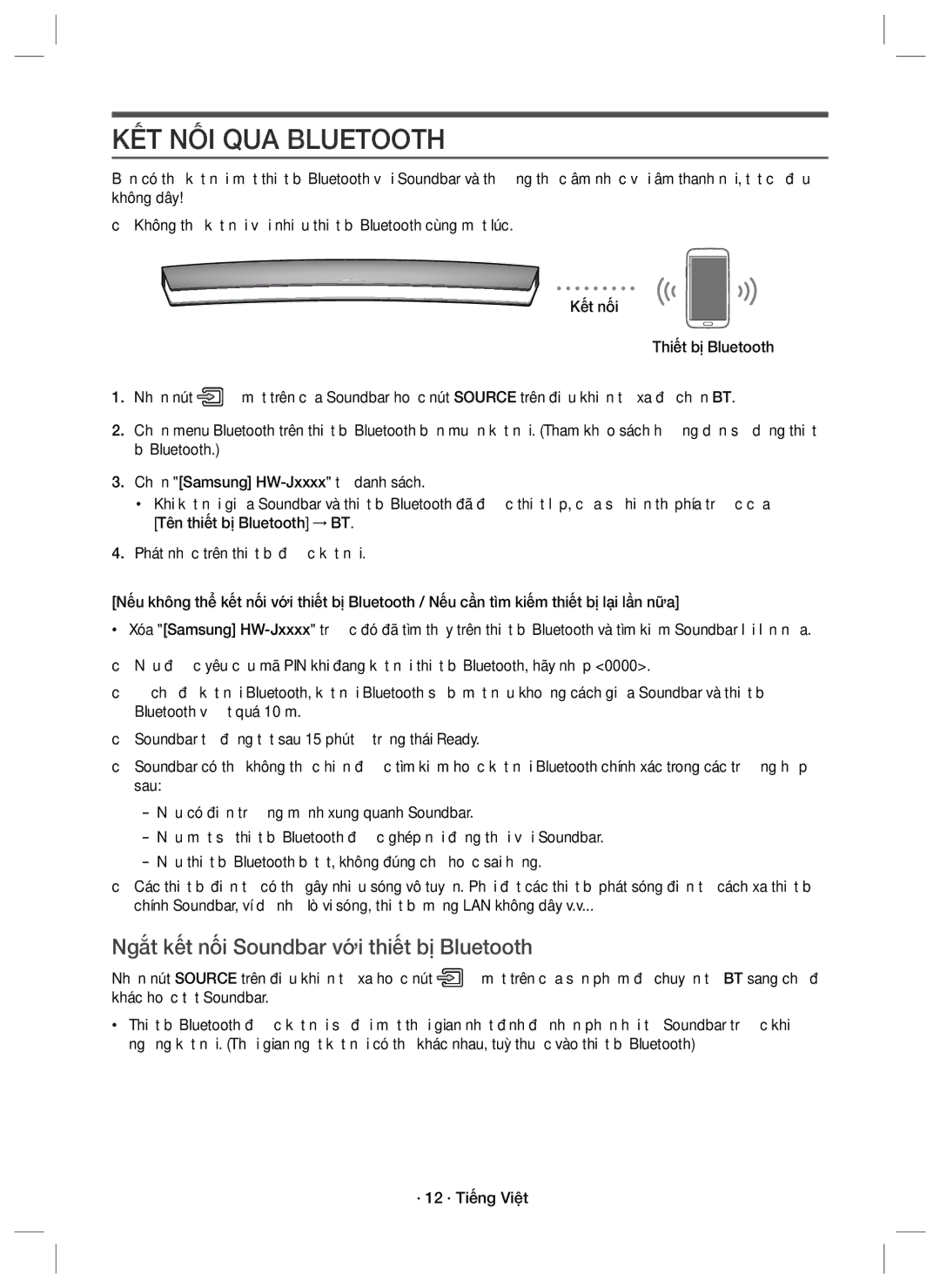 Samsung HW-J7501R/XV manual KẾT NỐI QUA Bluetooth, Ngắt kết nối Soundbar với thiết bị Bluetooth, · 12 · Tiếng Việt 