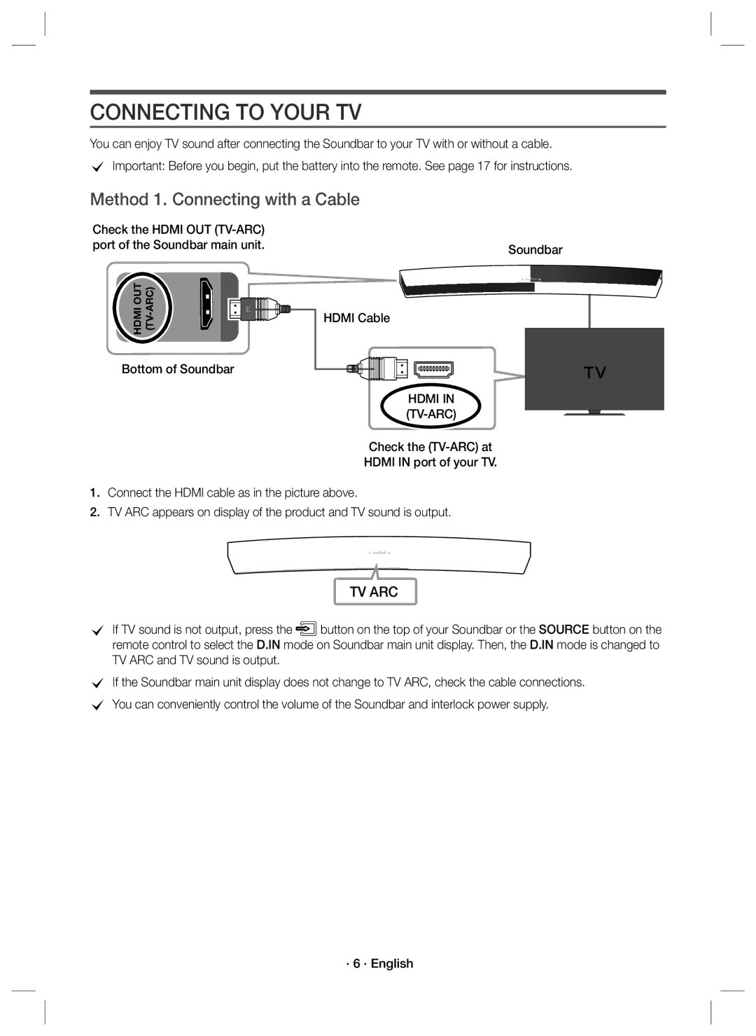 Samsung HW-J7501R/XV manual Connecting to Your TV, Method 1. Connecting with a Cable, Check the Hdmi OUT TV-ARC 