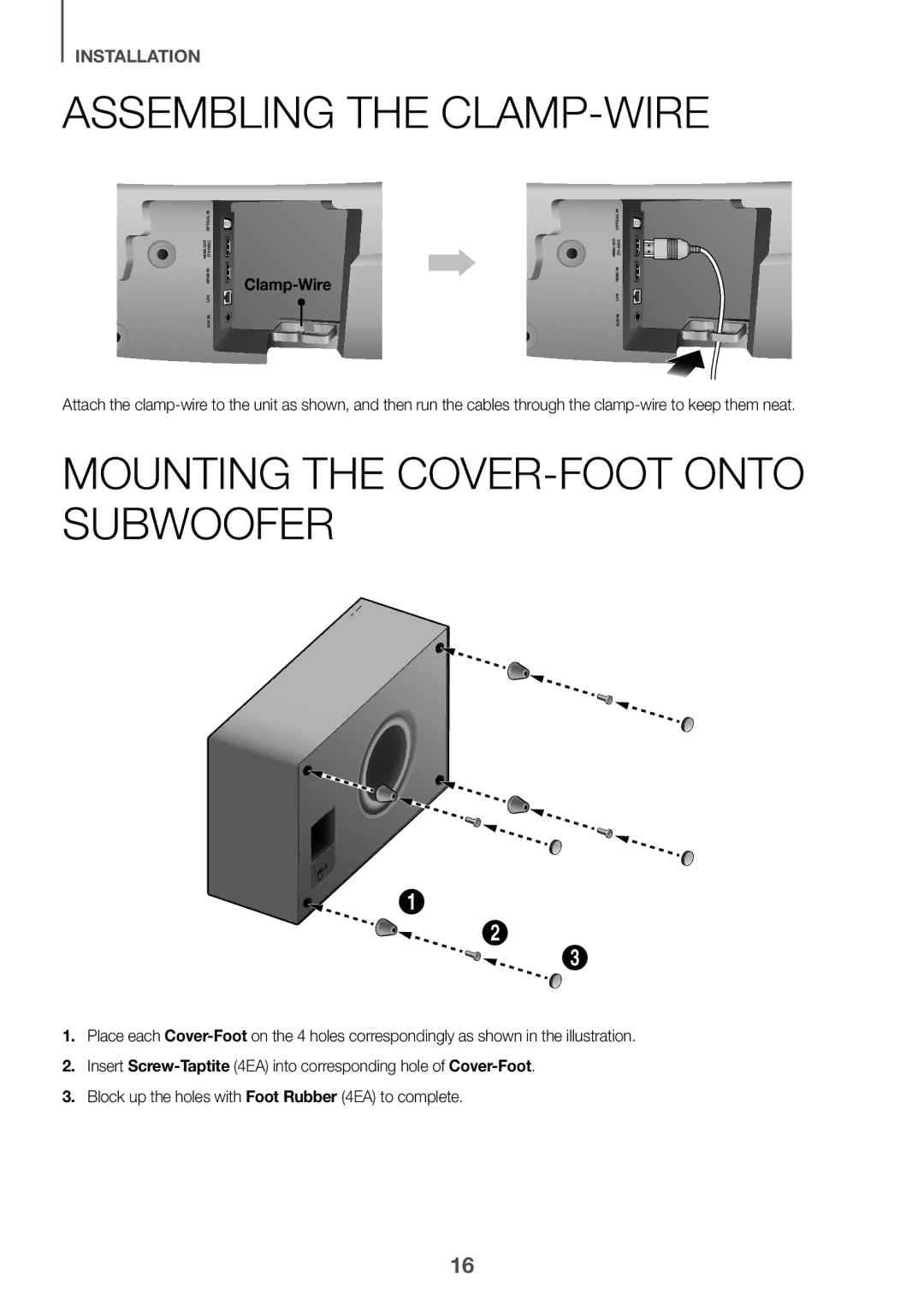 Samsung HW-J7501/SQ manual Assembling the CLAMP-WIRE, Mounting the COVER-FOOT Onto Subwoofer, Clamp-Wire 