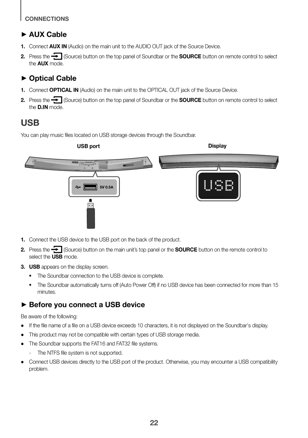 Samsung HW-J7501/SQ manual Usb, ++AUX Cable, ++Optical Cable, ++Before you connect a USB device, USB port 