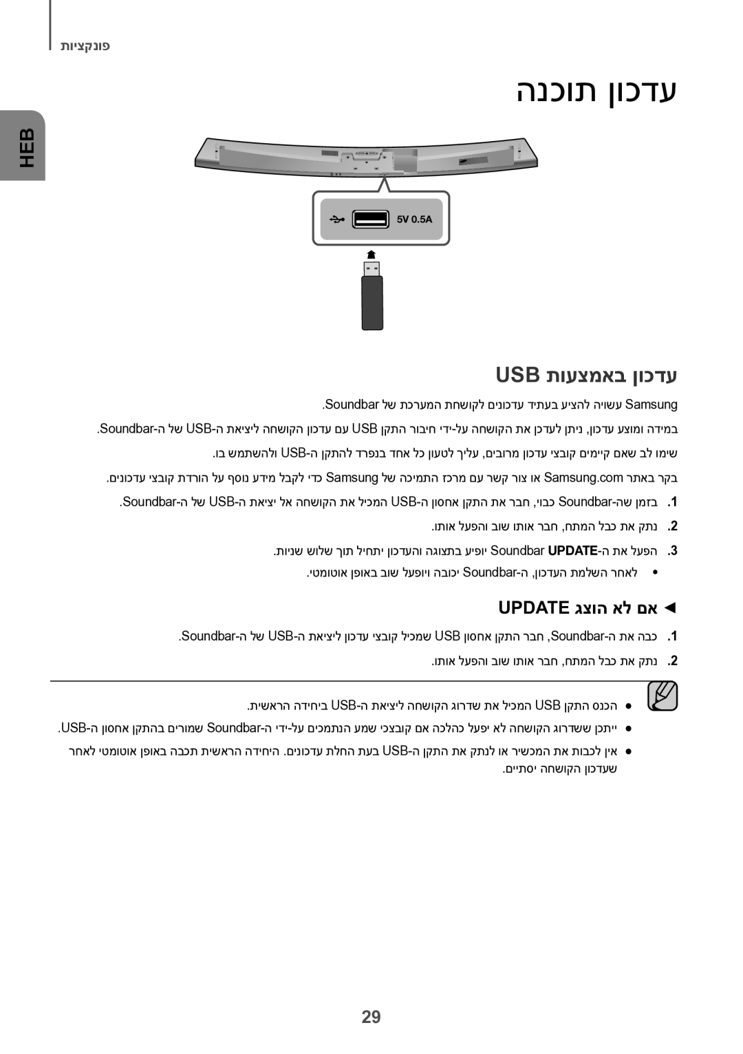 Samsung HW-J7501/SQ manual הנכות ןוכדע, Usb תועצמאב ןוכדע, Update גצוה אל םא 