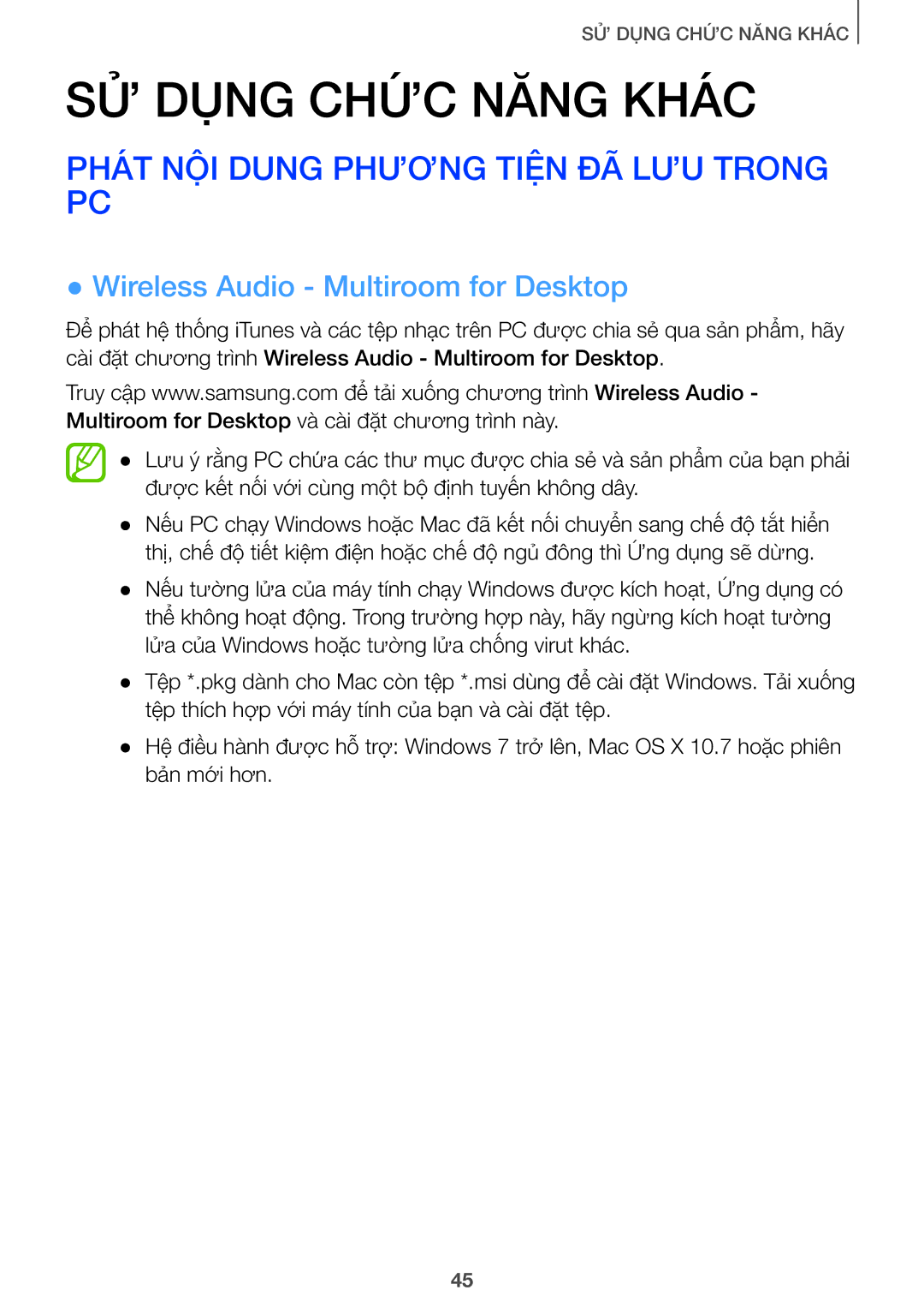 Samsung HW-J8501/XV, HW-J7501/XV manual Phat NỘI Dung Phương TIỆN ĐÃ LƯU Trong PC, Wireless Audio Multiroom for Desktop 