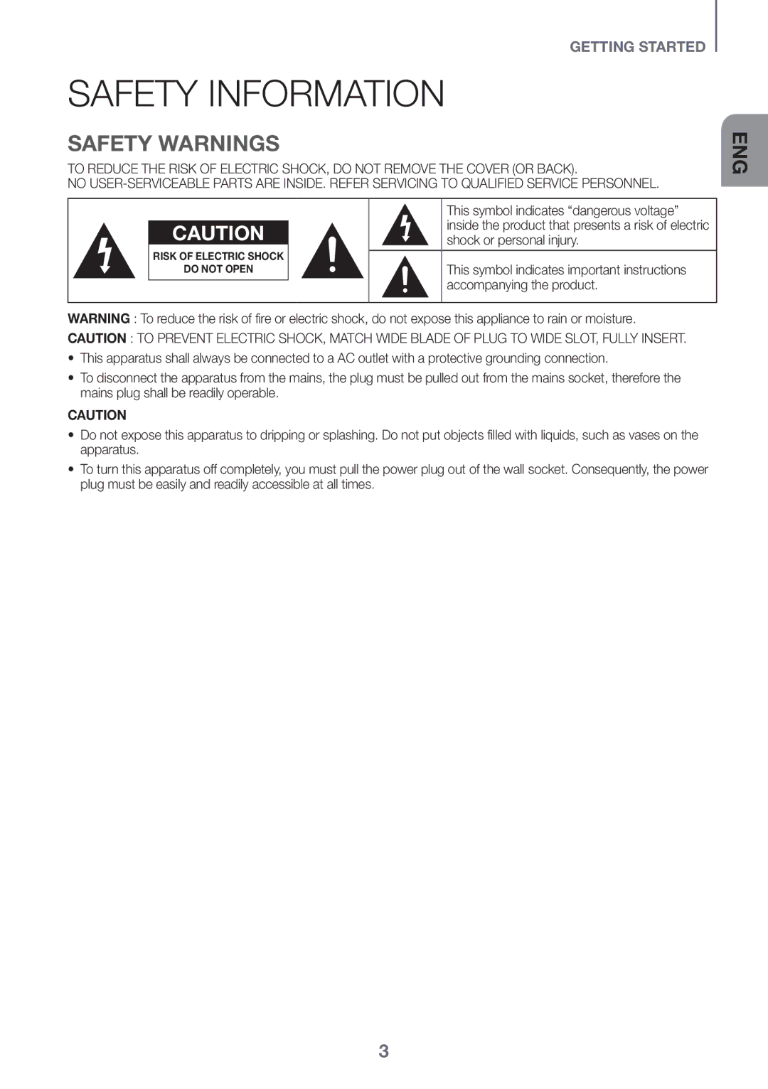 Samsung HW-J7501/XV Safety Information, Safety Warnings, This symbol indicates dangerous voltage, Shock or personal injury 