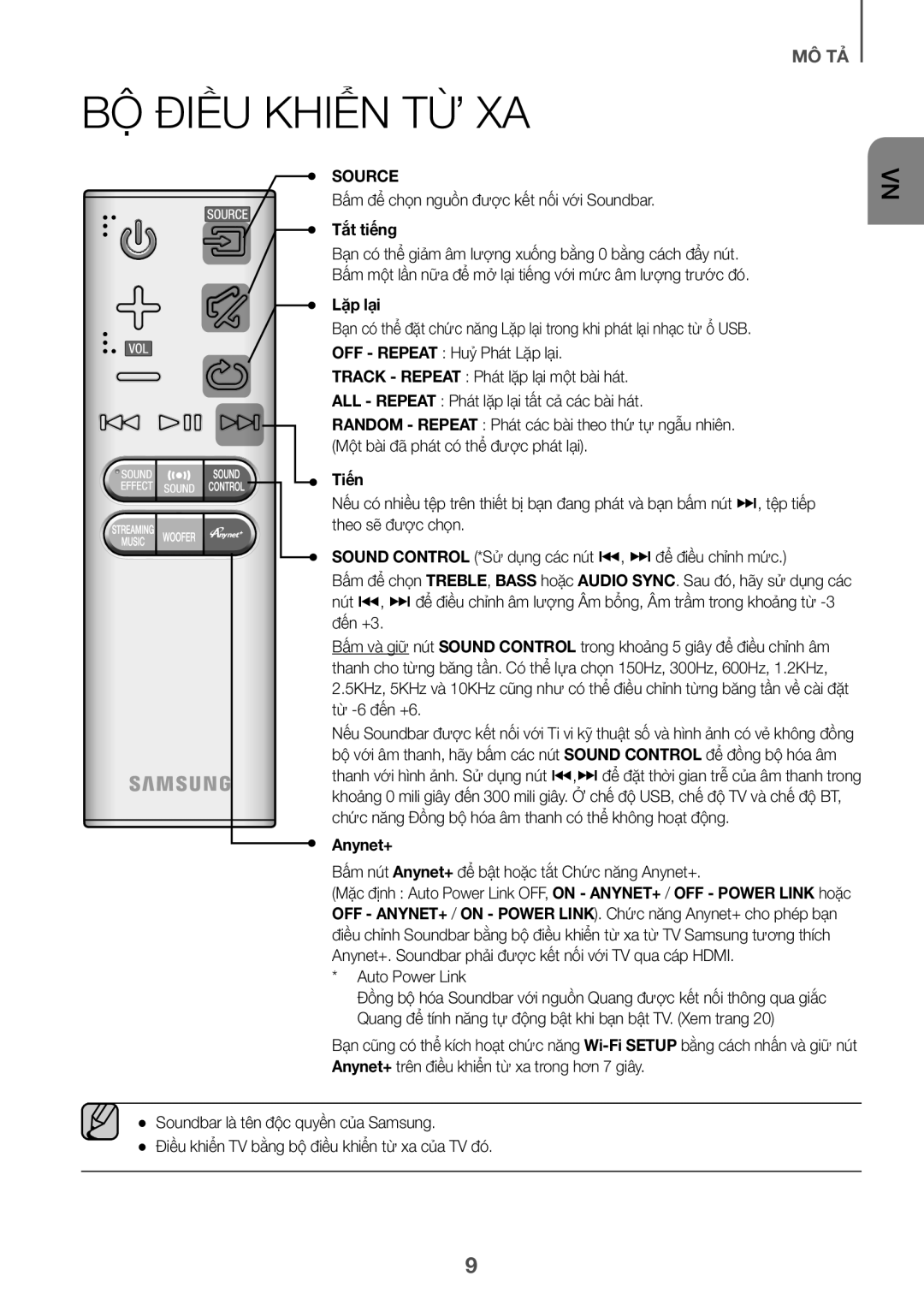 Samsung HW-J7501/XV manual Bộ Điều Khiển Từ Xa, Tắt tiêng, Lặp lai, Tiên 