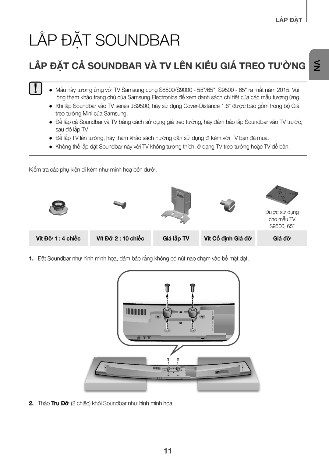 Samsung HW-J7501/XV manual Soundbar, Lắp Đặt Cả, GIÁ Treo, Vít Đỡ 1 4 chiêc Vít Đỡ 2 10 chiêc 