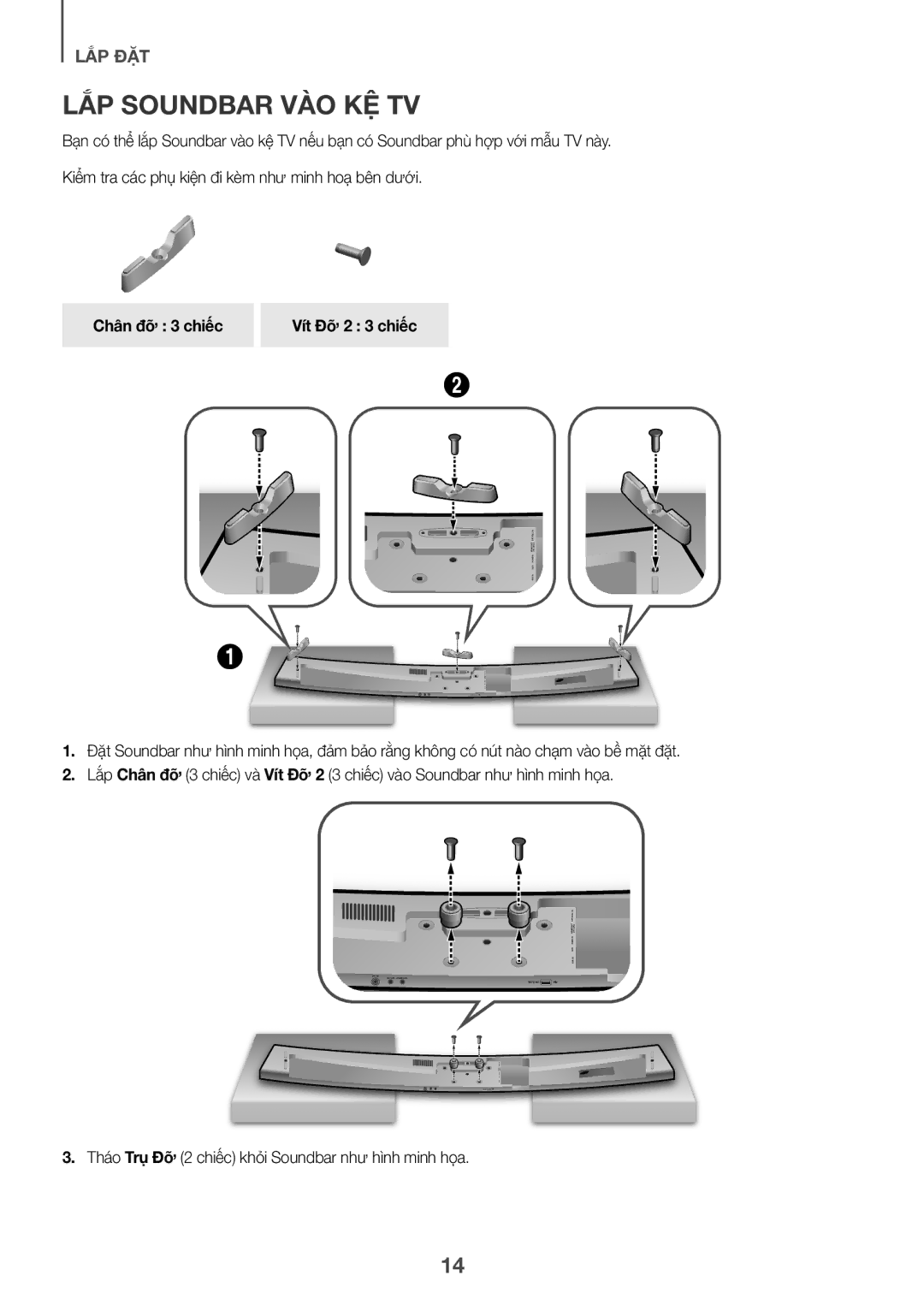 Samsung HW-J7501/XV manual LẮP Soundbar VÀO KỆ TV, Chân đỡ 3 chiêc Vít Đỡ 2 3 chiêc 