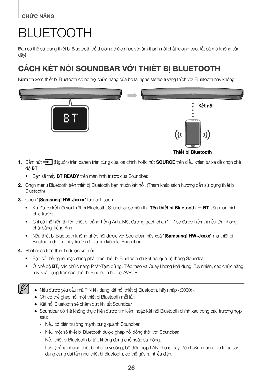 Samsung HW-J7501/XV manual CÁCH KÊT NÔI Soundbar VỚI Thiêt BỊ Bluetooth, Kêt nối Thiêt bi Bluetooth Bâm nut, Độ BT 