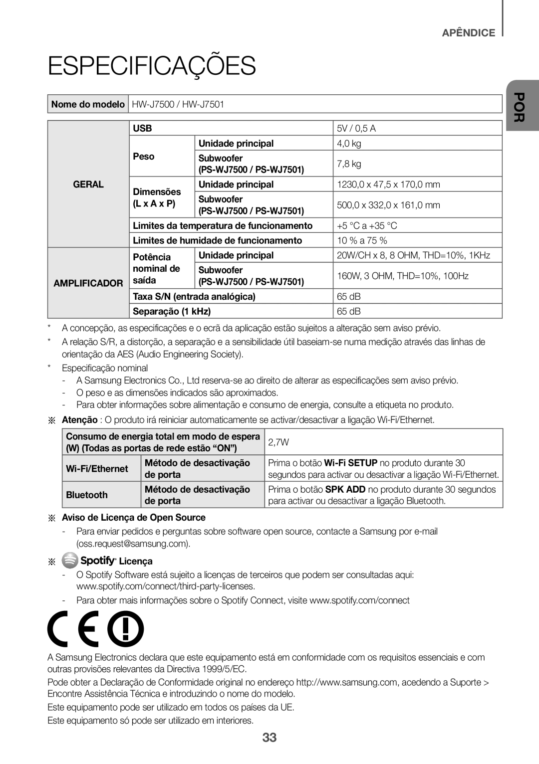 Samsung HW-J7500/ZF, HW-J7501/ZF manual Especificações 