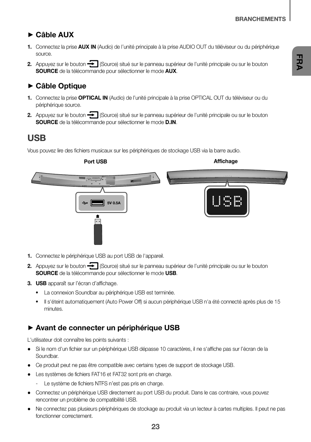 Samsung HW-J7500/ZF, HW-J7501/ZF Usb, ++Câble AUX, ++Câble Optique, ++Avant de connecter un périphérique USB, Port USB 