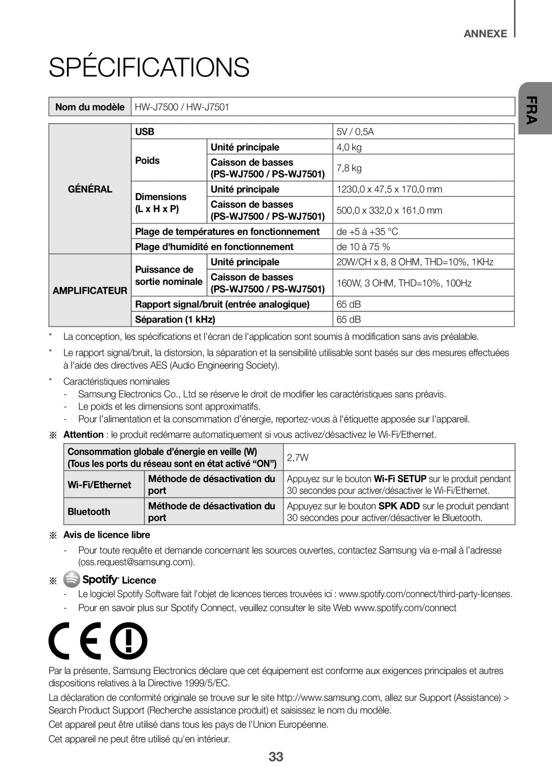 Samsung HW-J7500/ZF, HW-J7501/ZF manual Spécifications 