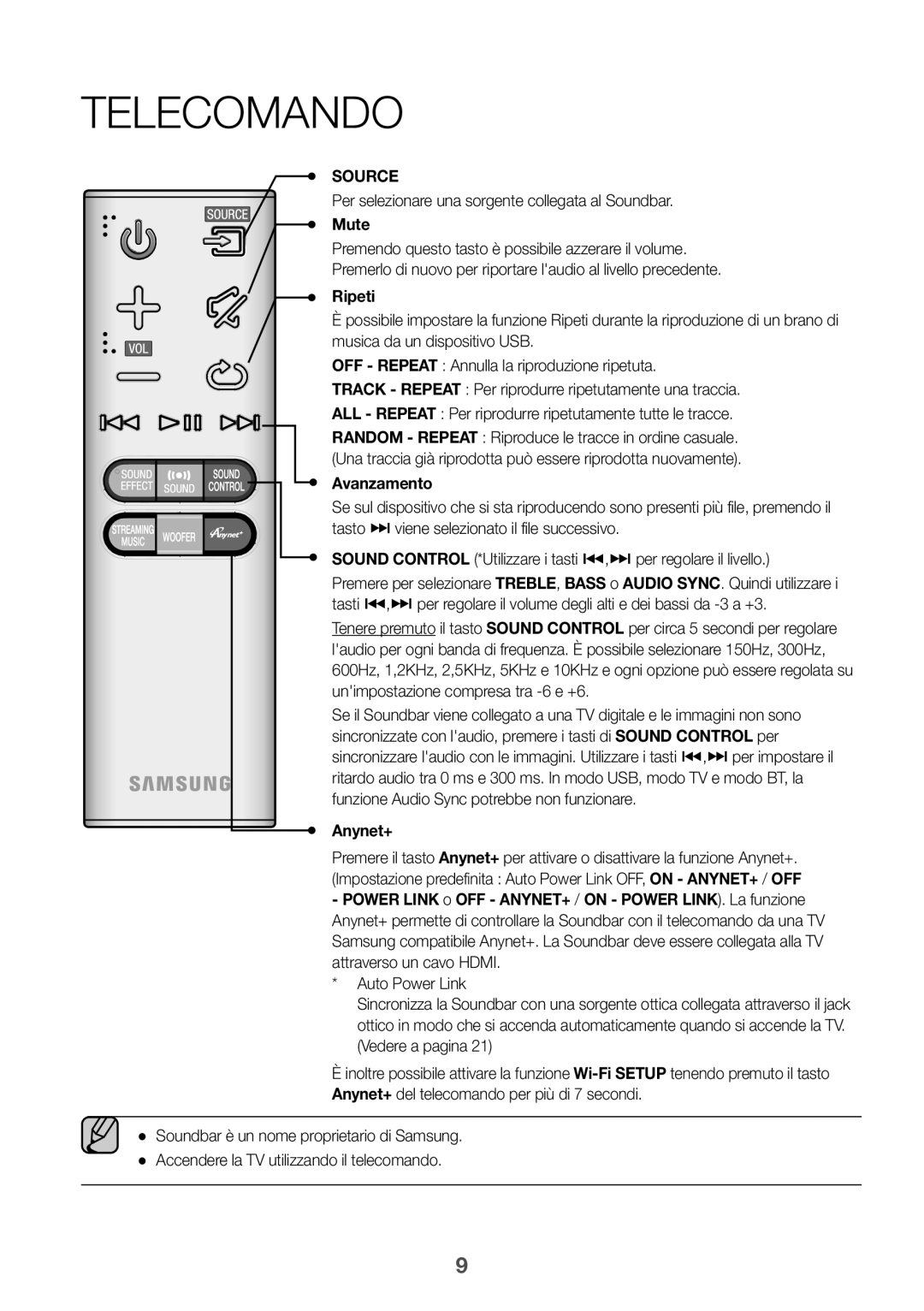 Samsung HW-J7500/ZF manual Telecomando, Per selezionare una sorgente collegata al Soundbar, Mute, Ripeti, Avanzamento 