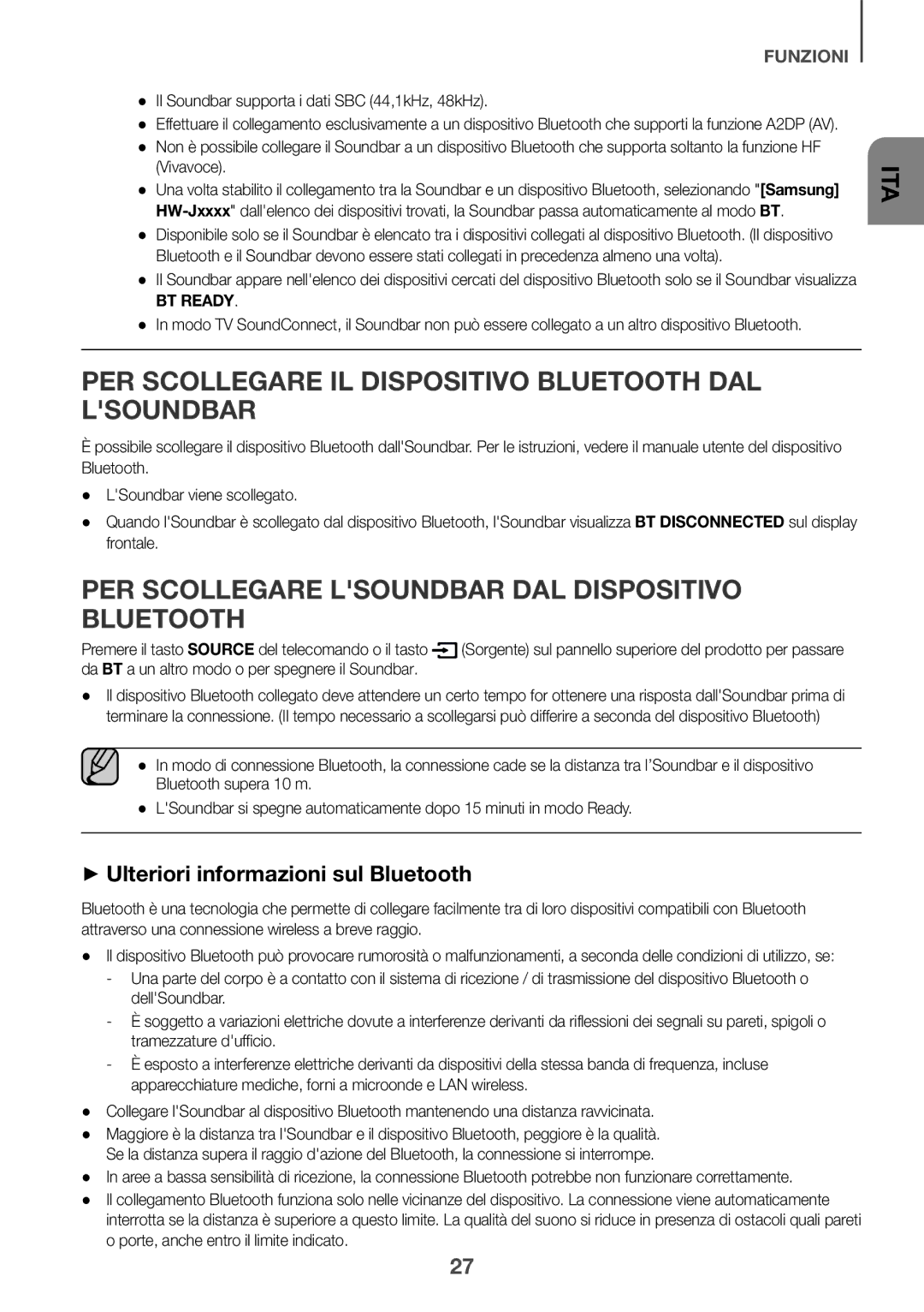 Samsung HW-J7500/ZF manual PER Scollegare IL Dispositivo Bluetooth DAL Lsoundbar, ++Ulteriori informazioni sul Bluetooth 