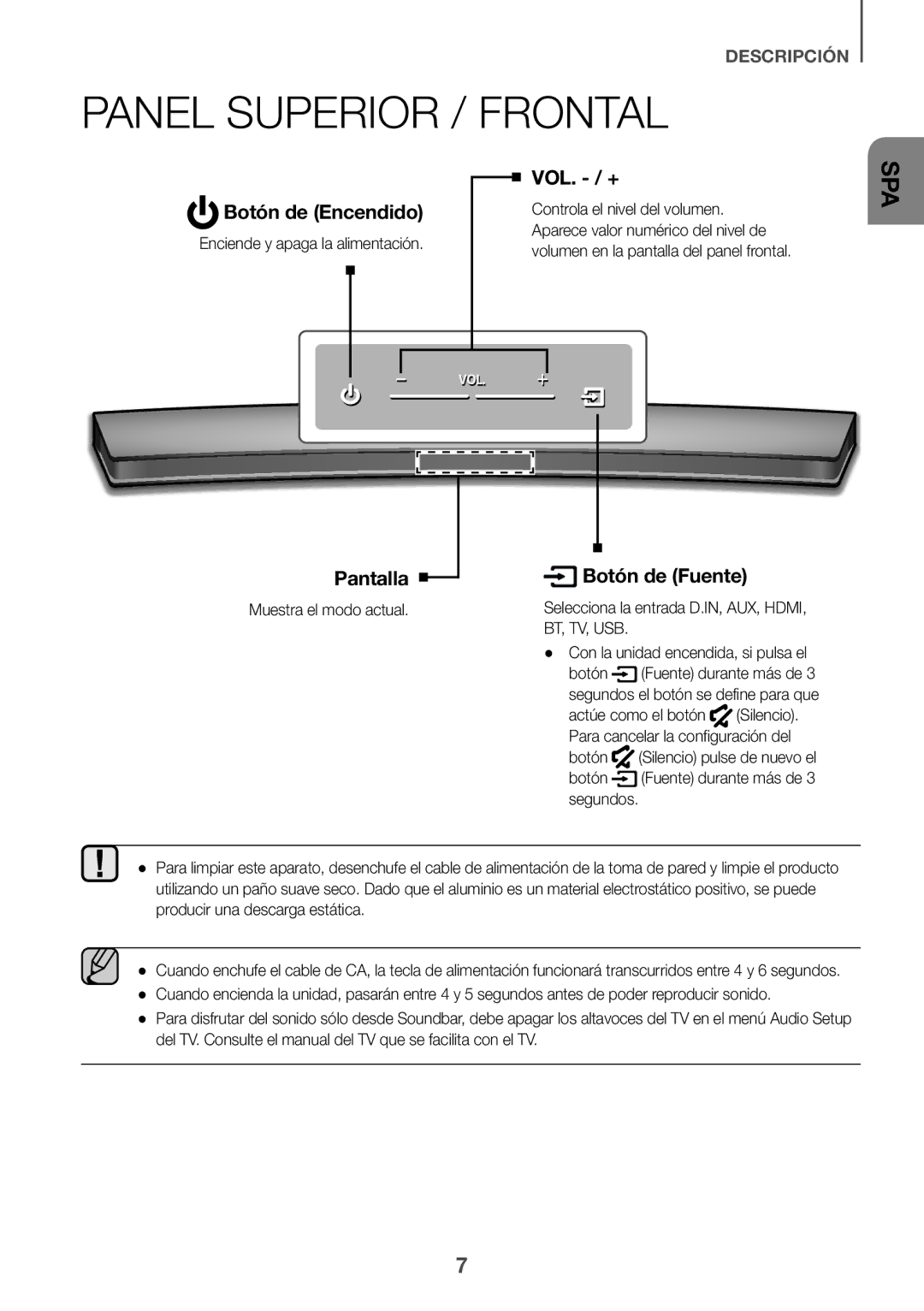 Samsung HW-J7500/ZF, HW-J7501/ZF manual Panel Superior / Frontal, Controla el nivel del volumen, Muestra el modo actual 